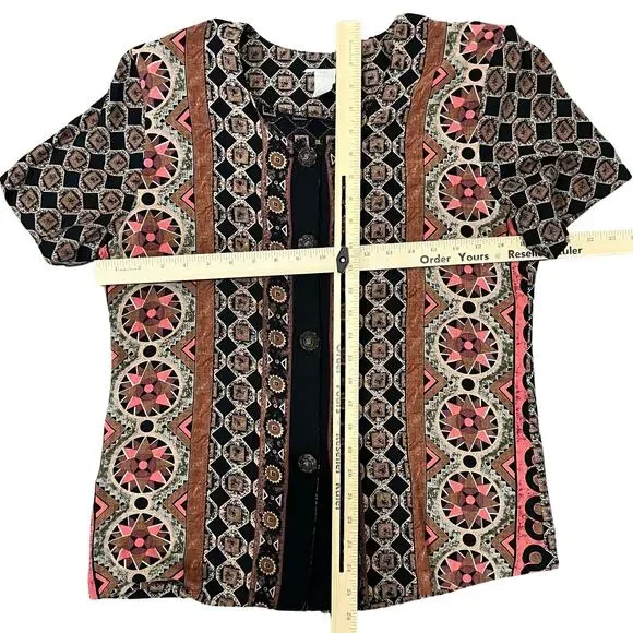 Vintage Brown Red Geometric Button Up Short Sleeve Top Skirt Suit Set size M - Picture 4 of 16